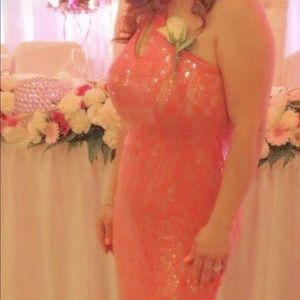 Coral one shoulder sequins dress